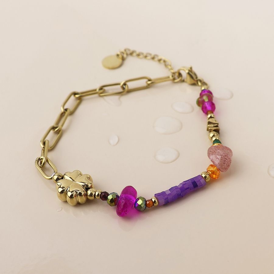 Waterproof gold plated purple mix flower charm bracelet