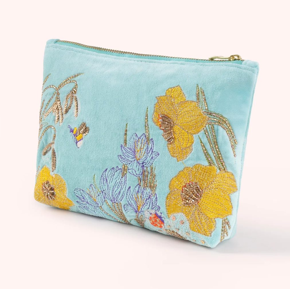 Mid Size Polyester Velvet Embroidered Zip Pouch- Wildflower Meadow