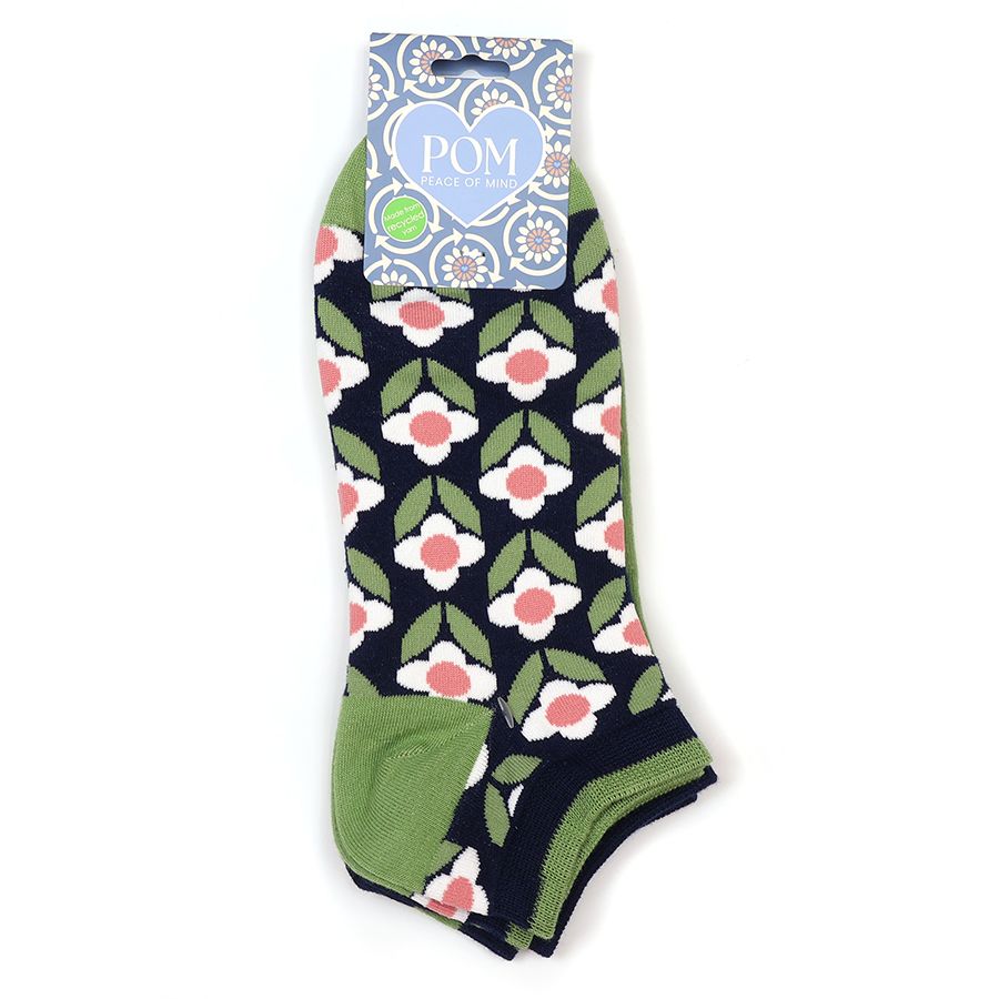 Green and navy mix retro flower trainer sock duo