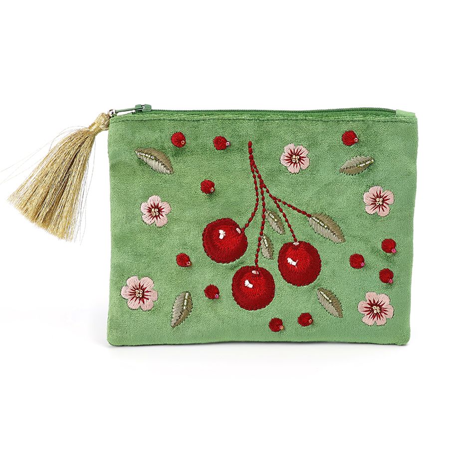 Green velvet cherries zip purse