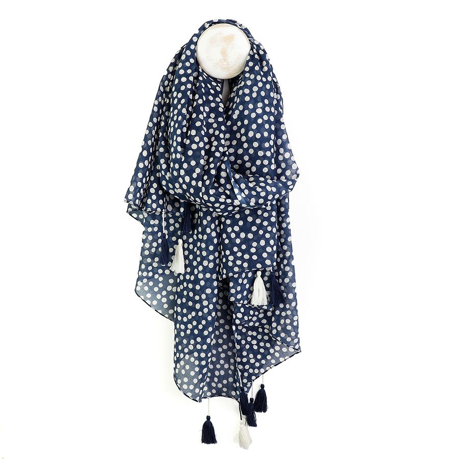 Navy Polka dot print cotton scarf with tassel trim