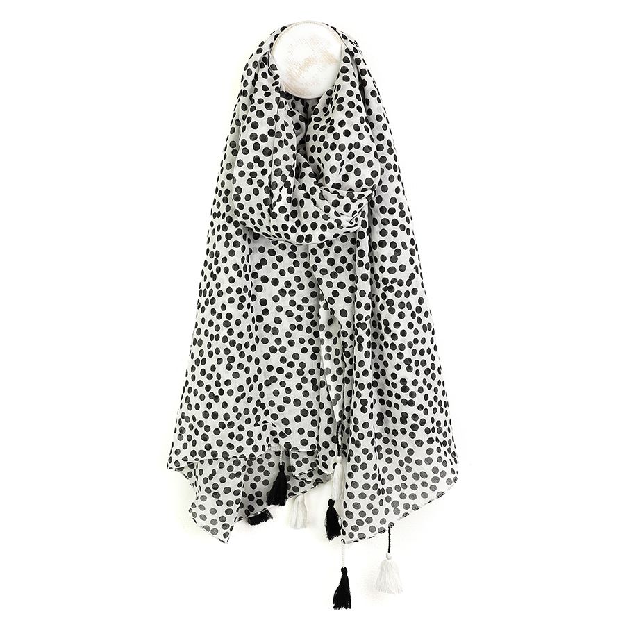 Black and white dotty print cotton scarf with tassels