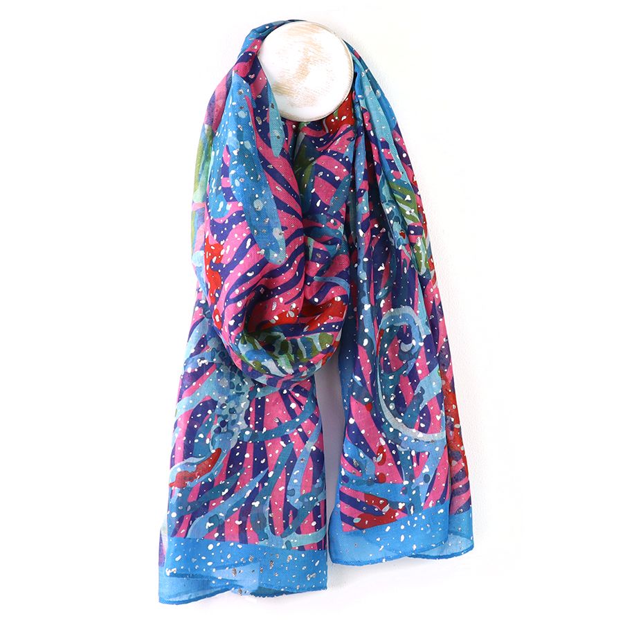 Recycled blue and pink mix zebra stripe scarf with foil
