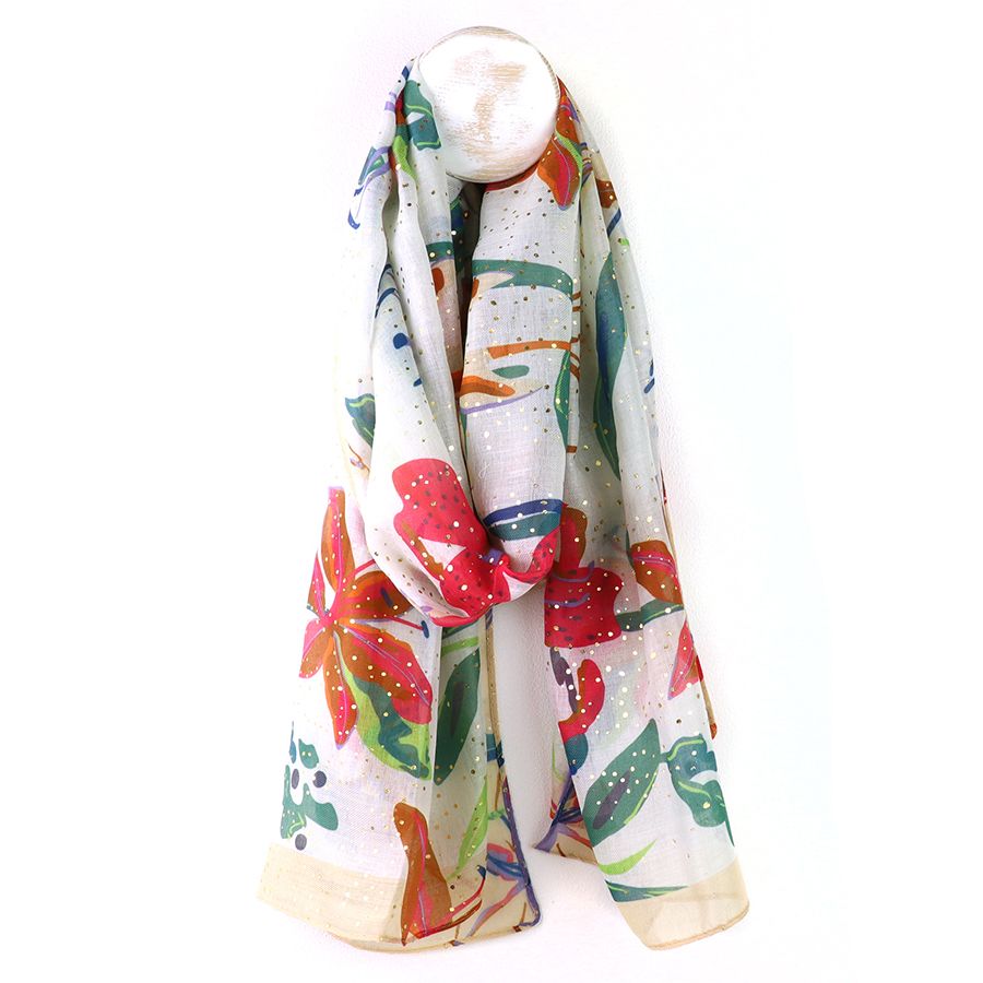 Red Mix Tropical Floral Print Repreve Scarf with foil