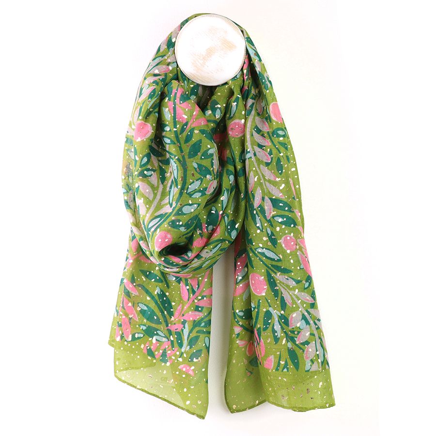 Recycled lime mix floral vines scarf with foil