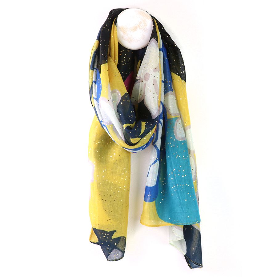 Recycled yellow and blue mix abstract scarf with foil