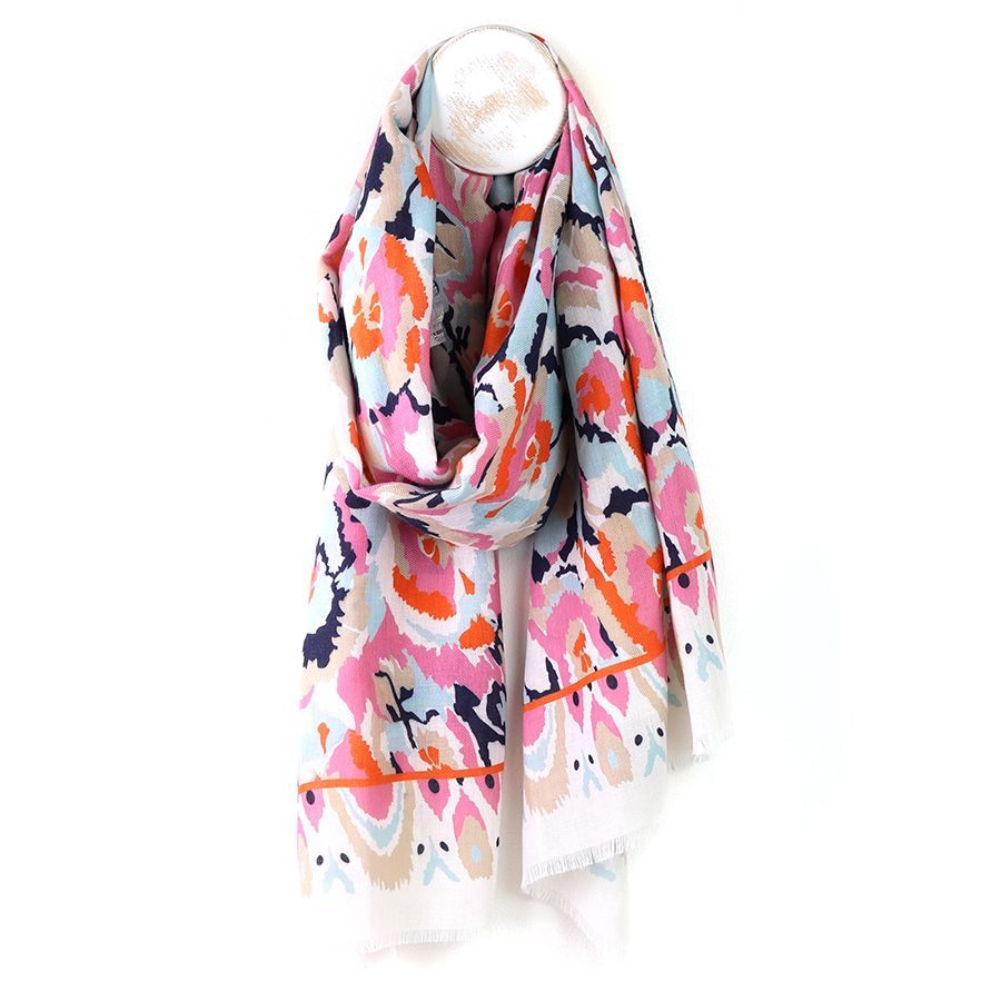 Recycled white and coral abstract ikat scarf