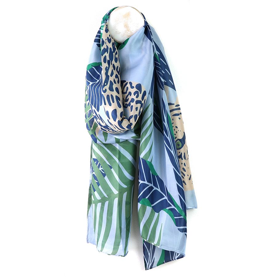 Recycled blue mix leaf and animal print silky scarf