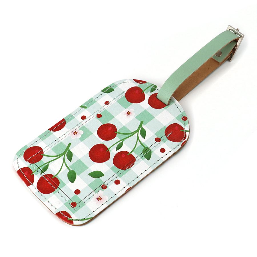 Cherry and gingham recycled leather luggage tag