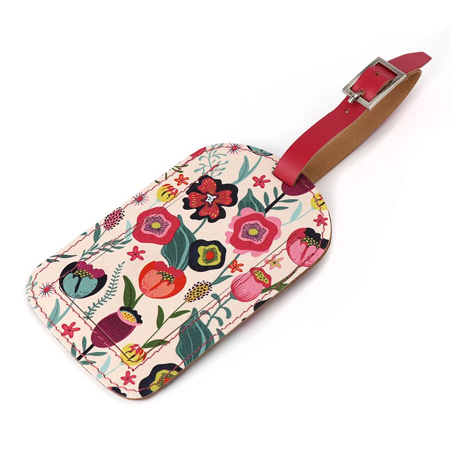 Pink mix retro floral recycled leather luggage tag
