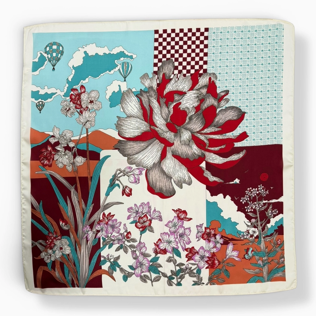 Large Floral Art Print Square Scarf- Blue