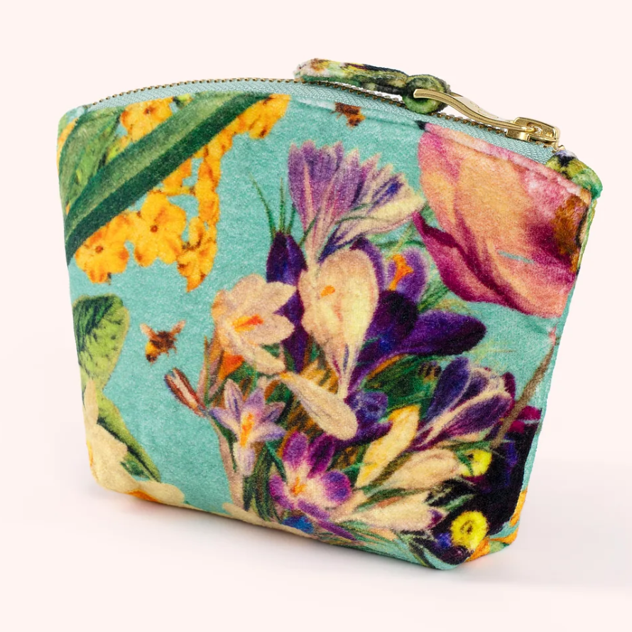 Printed Cotton Velvet Mini Pouch- Spring Flora