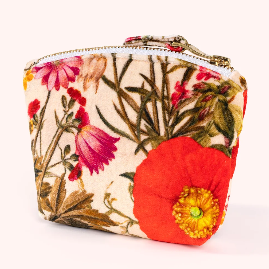 Printed Cotton Velvet Mini Pouch- Fine Flowers