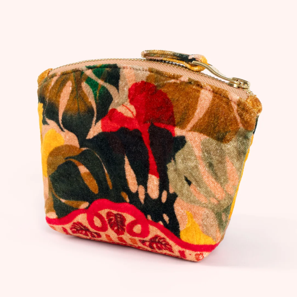 Printed Cotton Velvet Mini Pouch- Exotic Leaves