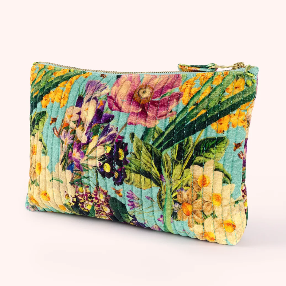 Quilted Cotton Velvet Zip Pouch- Spring Flora