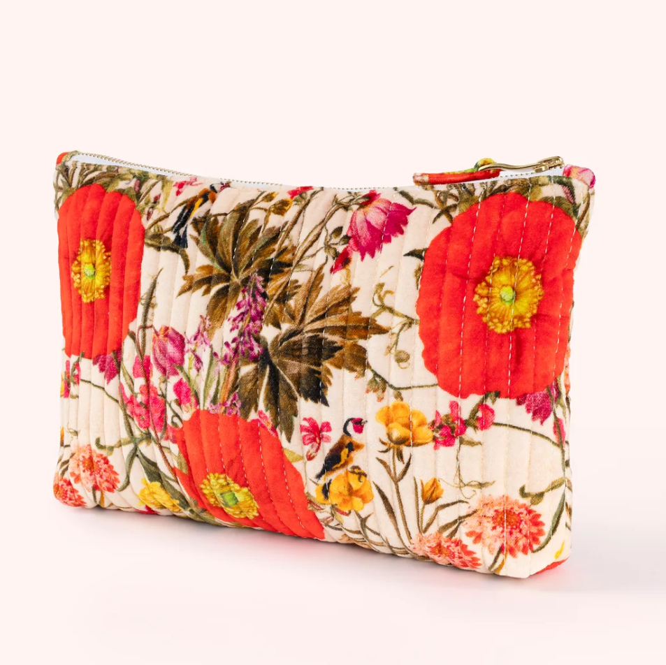 Quilted Cotton Velvet Zip Pouch- Fine Flowers