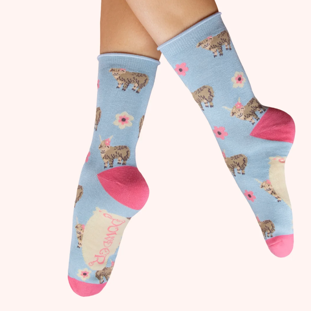Highland Cows Ankle Socks- Blue