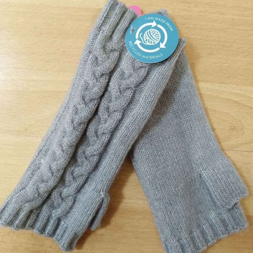 Grey cable knit recycled wrist warmers