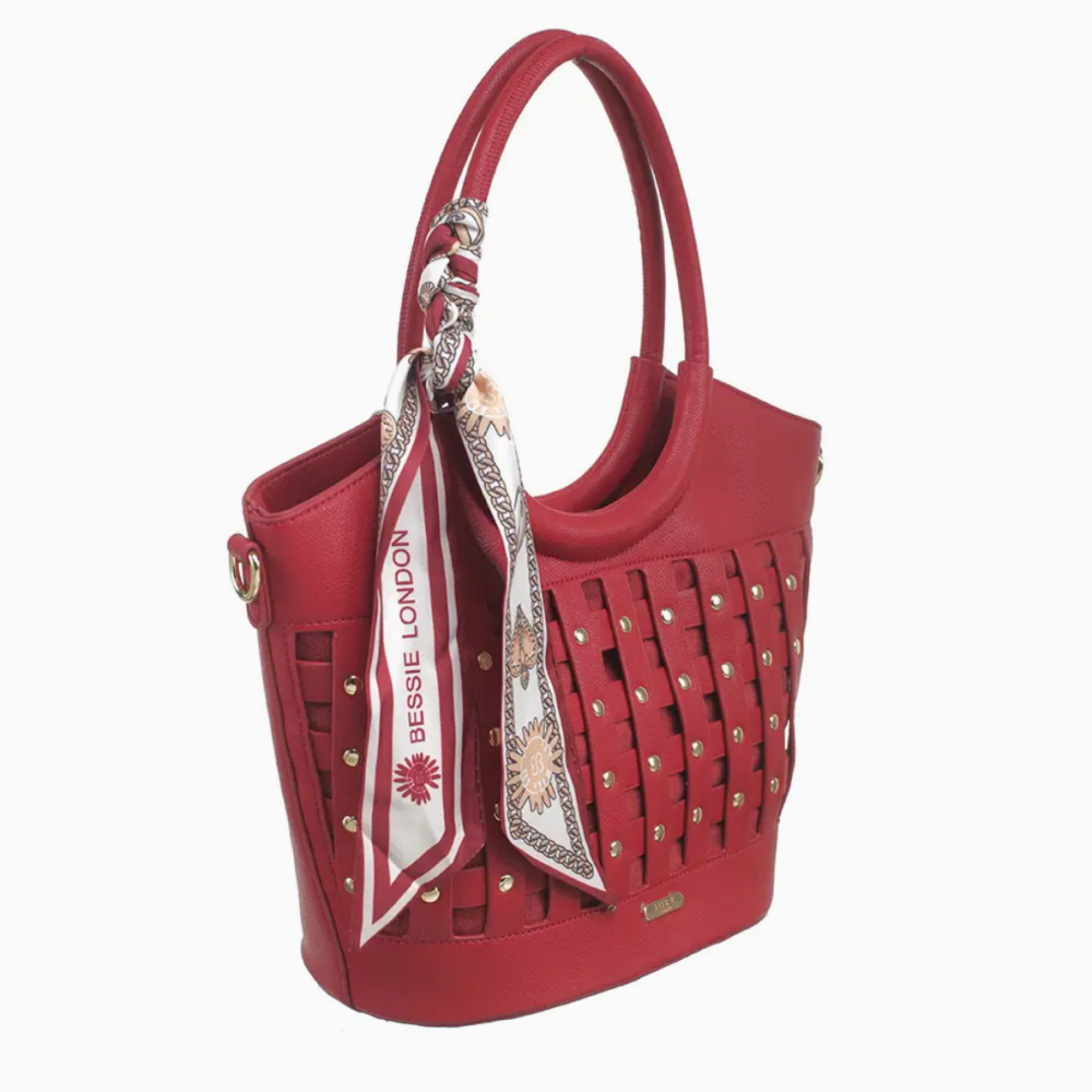 Basket Woven Scarf Tote Bag- Red