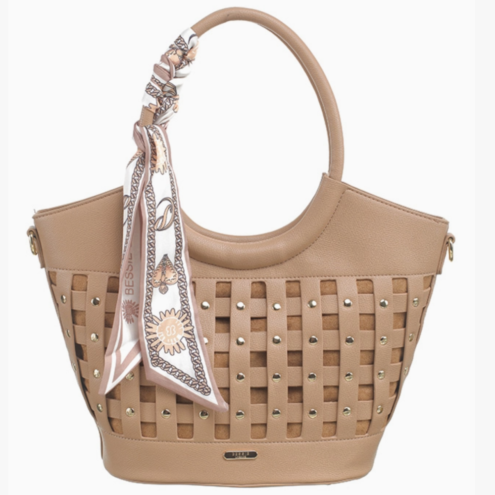 Basket Woven Scarf Tote Bag- Taupe