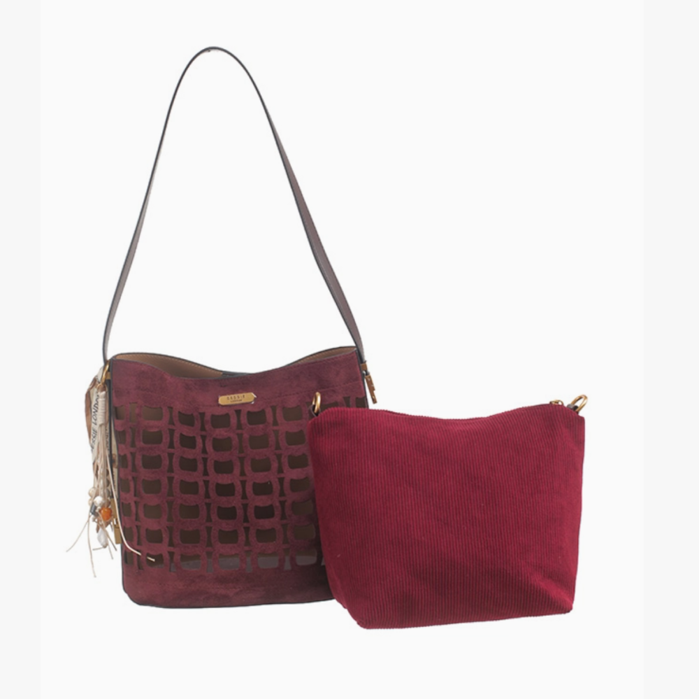 Geometric Suedette Shoulder Bag- Burgundy