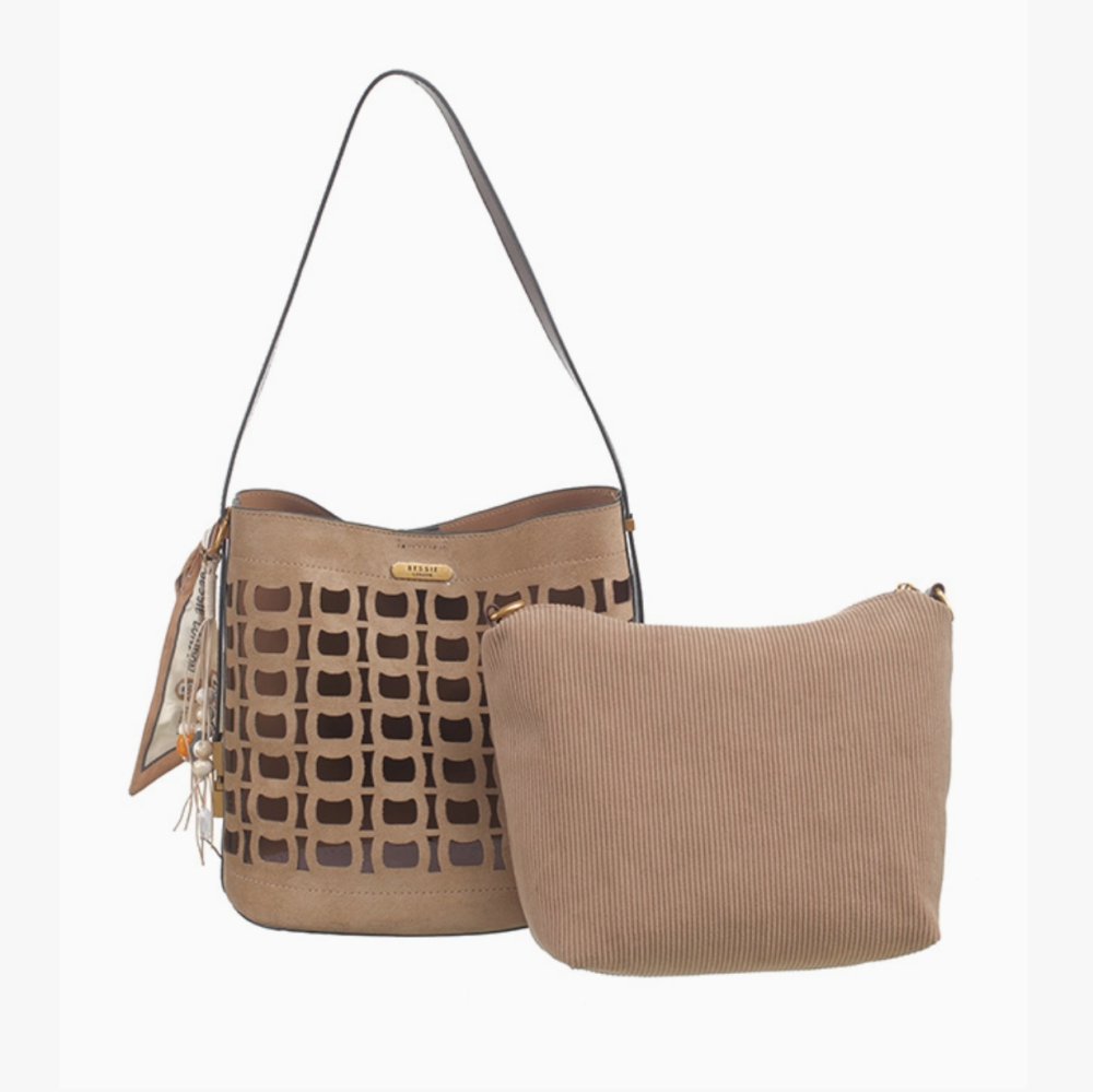 Geometric Suedette Shoulder Bag- Taupe
