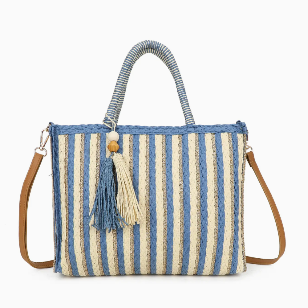 Woven Tote Bag Striped Tassel Summer Crossbody Bag- Blue