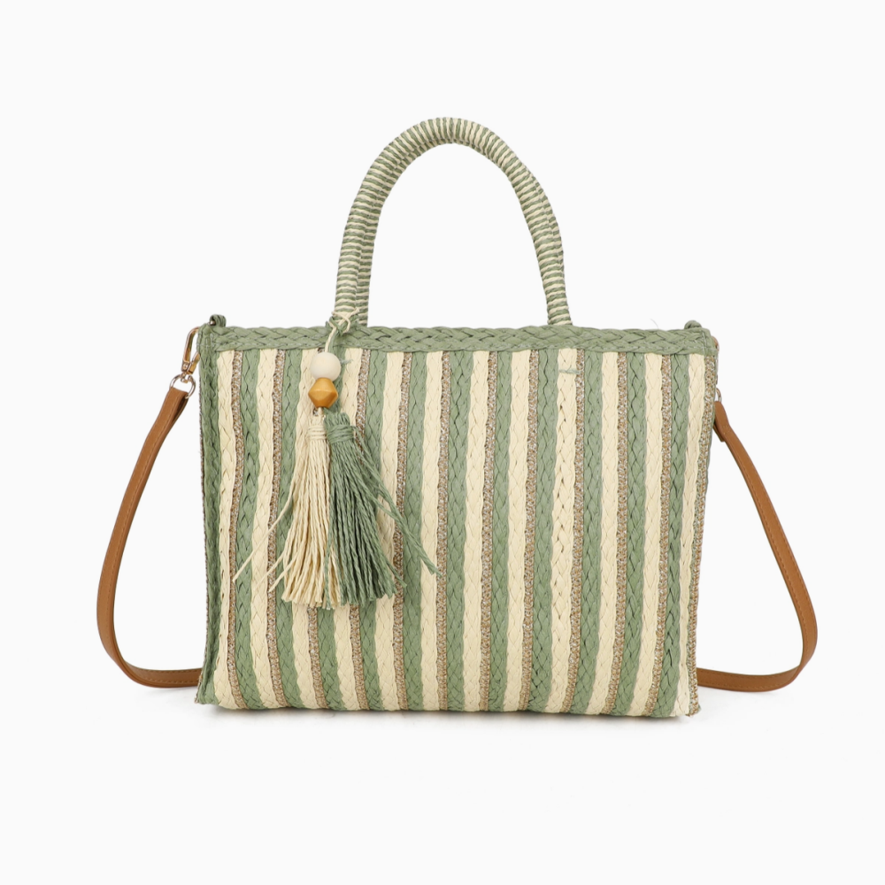 Woven Tote Bag Striped Tassel Summer Crossbody Bag- Green