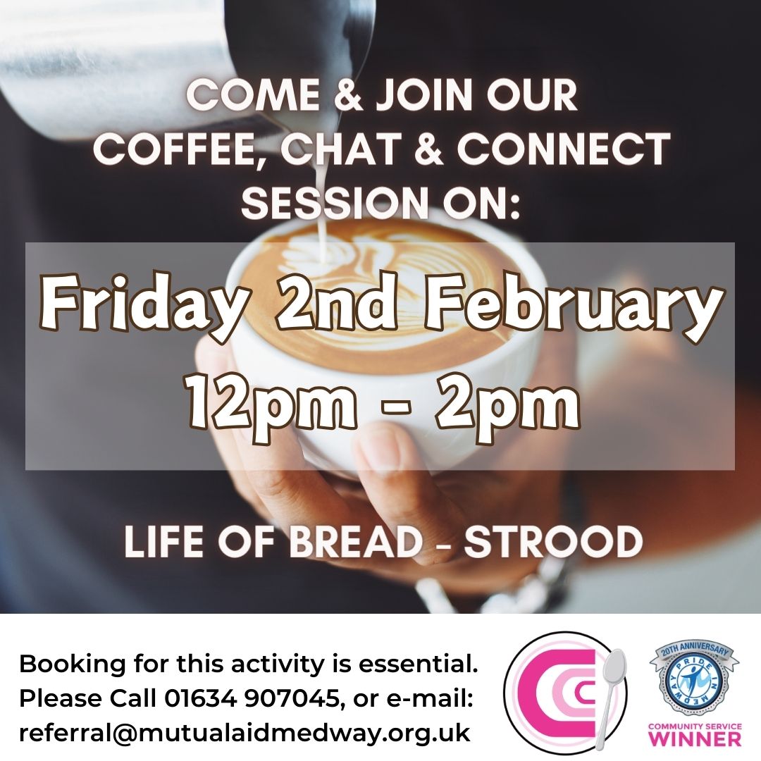 Join us in Strood for our Coffee, Chat & Connect session in Bread of Life. Sessions aimed at those wishing to break the loneliness