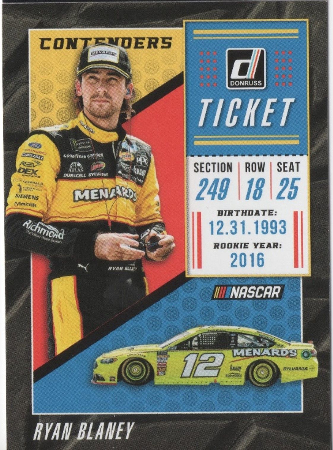 2019 Panini Donruss Racing RYAN BLANEY Donruss Contenders Ticket #C12