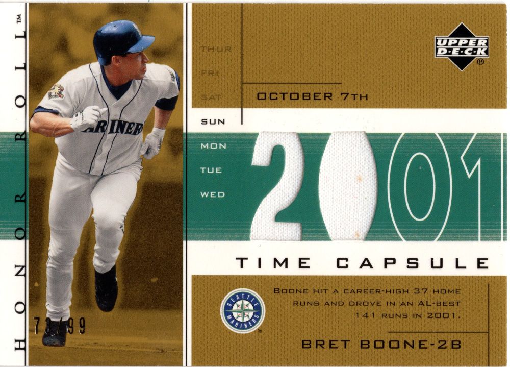 2002 Upper Deck Honor Roll BRET BOONE Time Capsule Game-Used Patch Gold /99