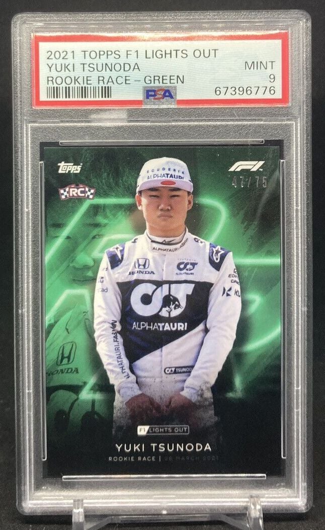 2021 Topps Formula 1 Lights Out YUKI TSUNODA Rookie Race Green /75 (PSA 9)