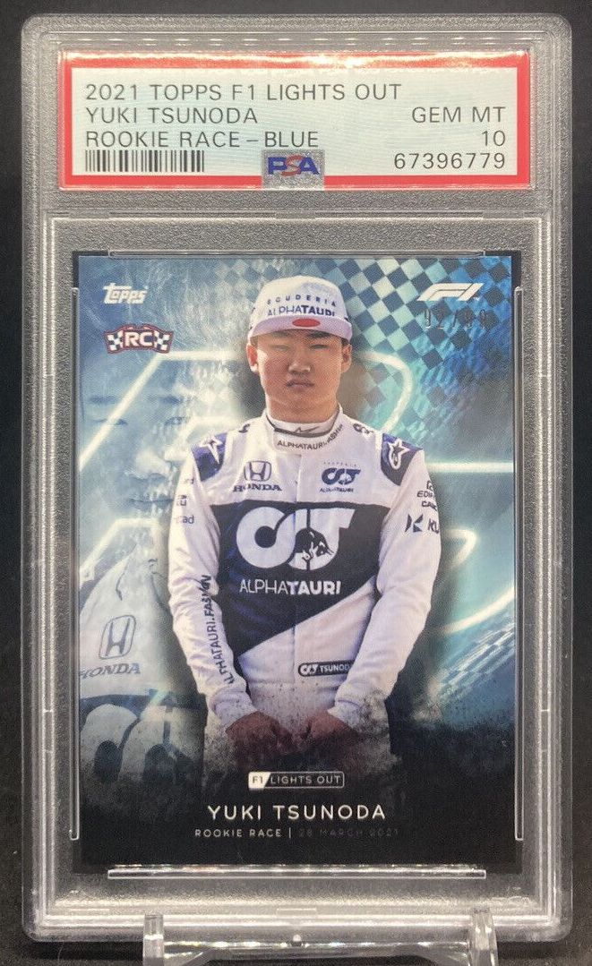 2021 Topps Formula 1 Lights Out YUKI TSUNODA Rookie Race Blue /99 (PSA 10)