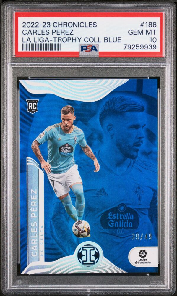 2022-23 Panini Chronicles Soccer CARLES PEREZ Rookie Illusions Trophy Collection Blue /49 #188 [PSA 10]