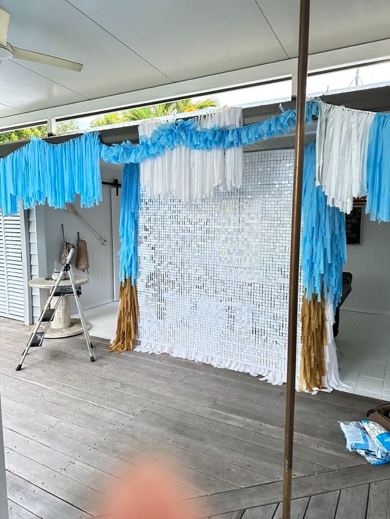 Blue and White baby shower setting up