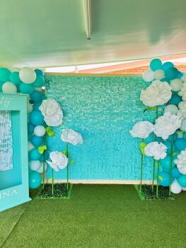 Tiffany Blue Shimmer Wall and Giant Flowers
