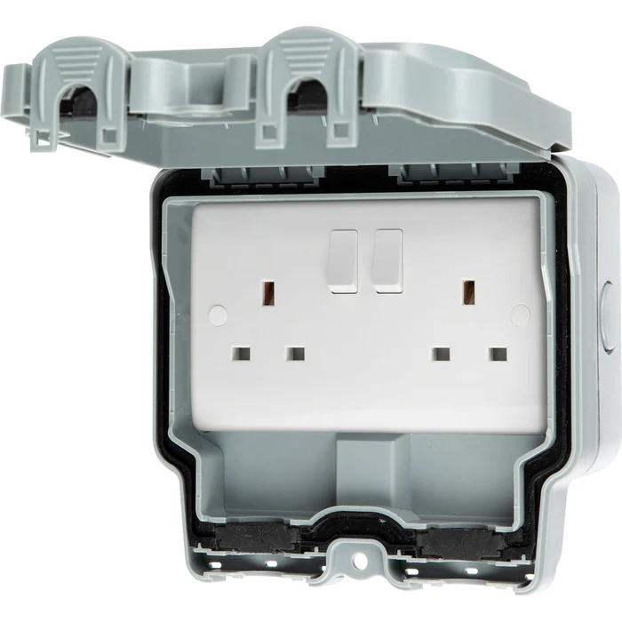Weatherproof Outdoor Twin Switched Socket Grey