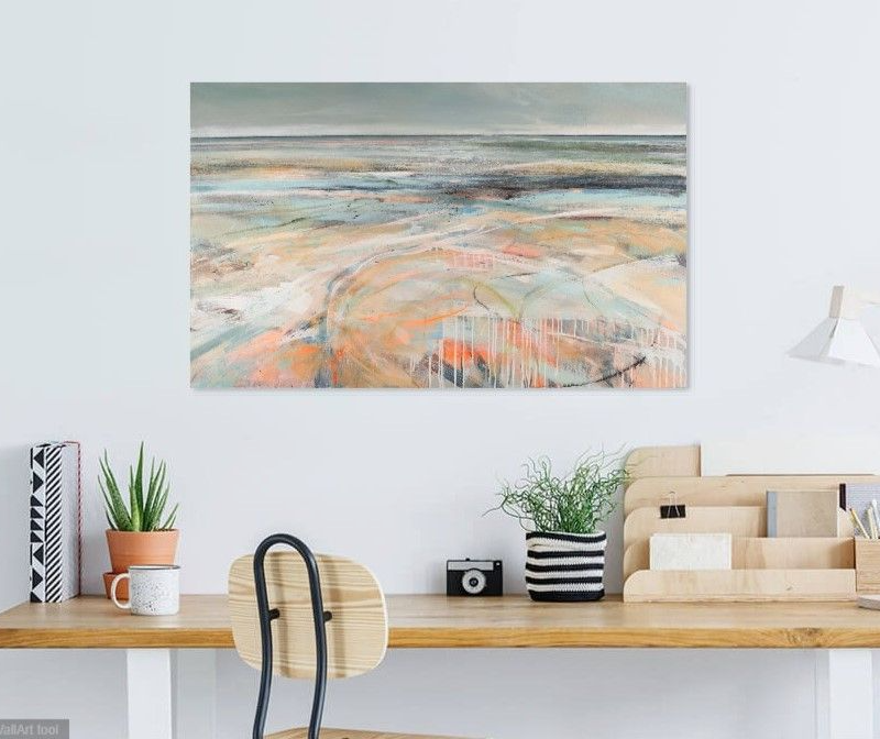 pale orange abstract beach on office wall above desk