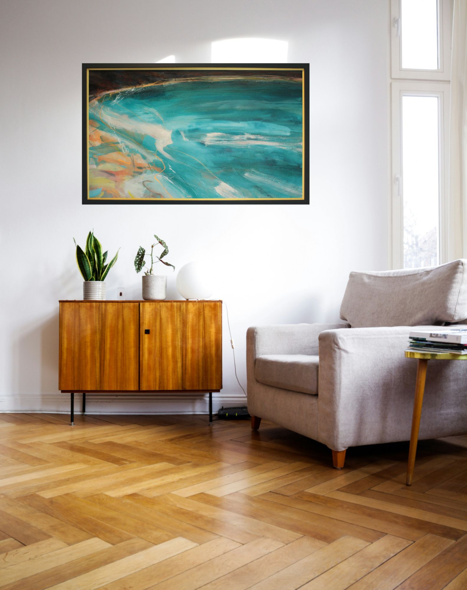 Abstract seascape painting in room