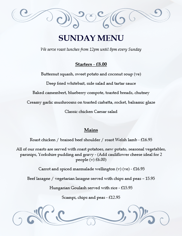 Greyhound Sunday sample menu Feb 2023