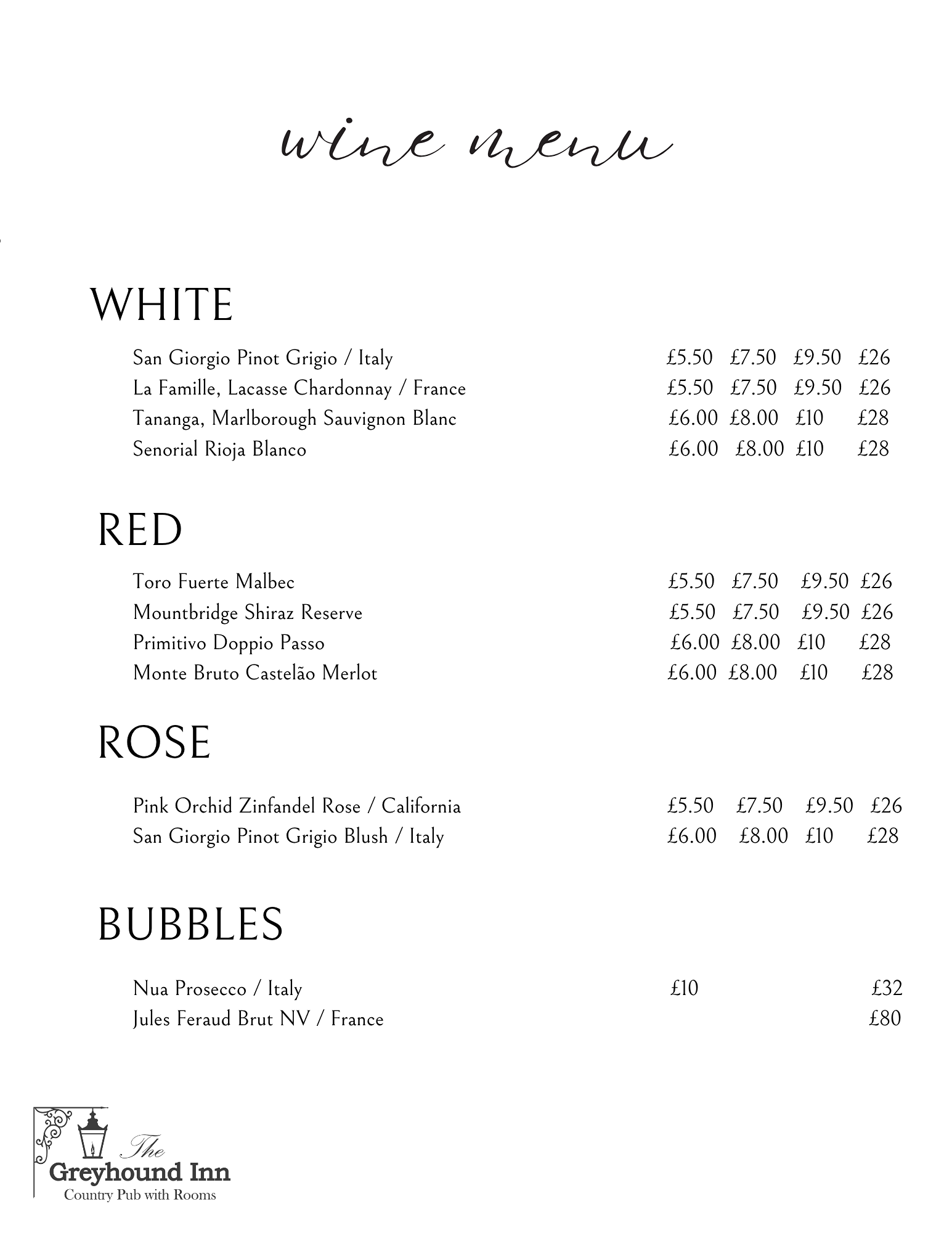The Greyhound Inn Wine menu