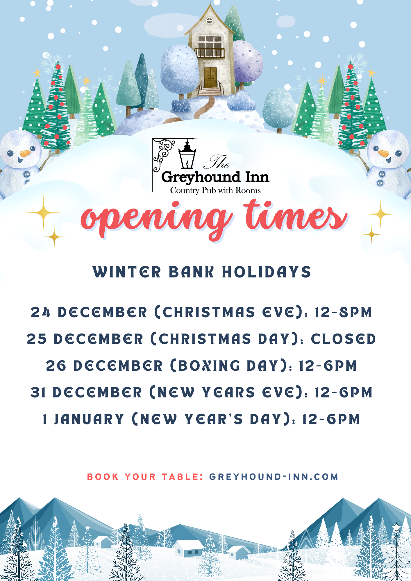 The Greyhounds winter bank holiday opening times