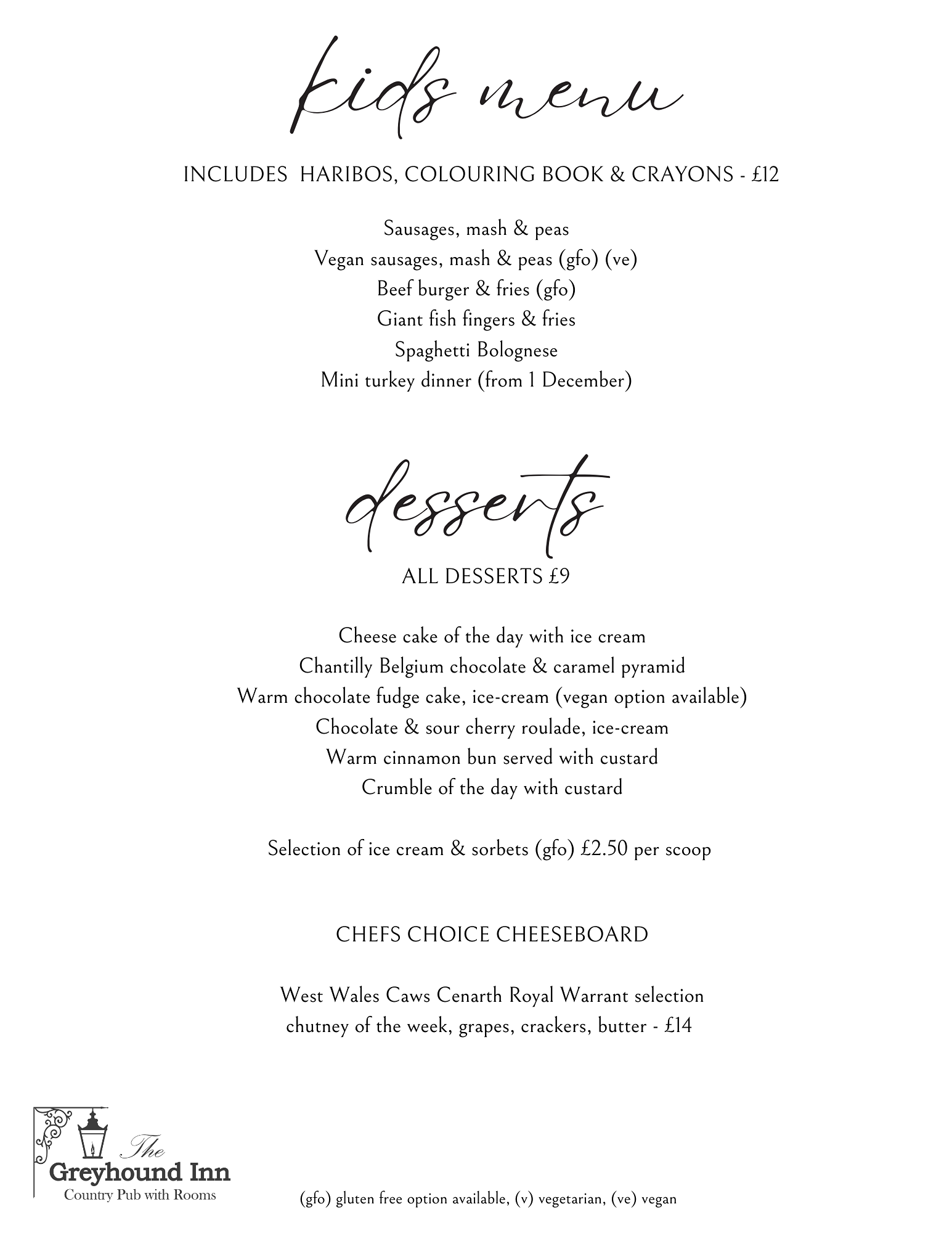 The Greyhound childrens and desert menu