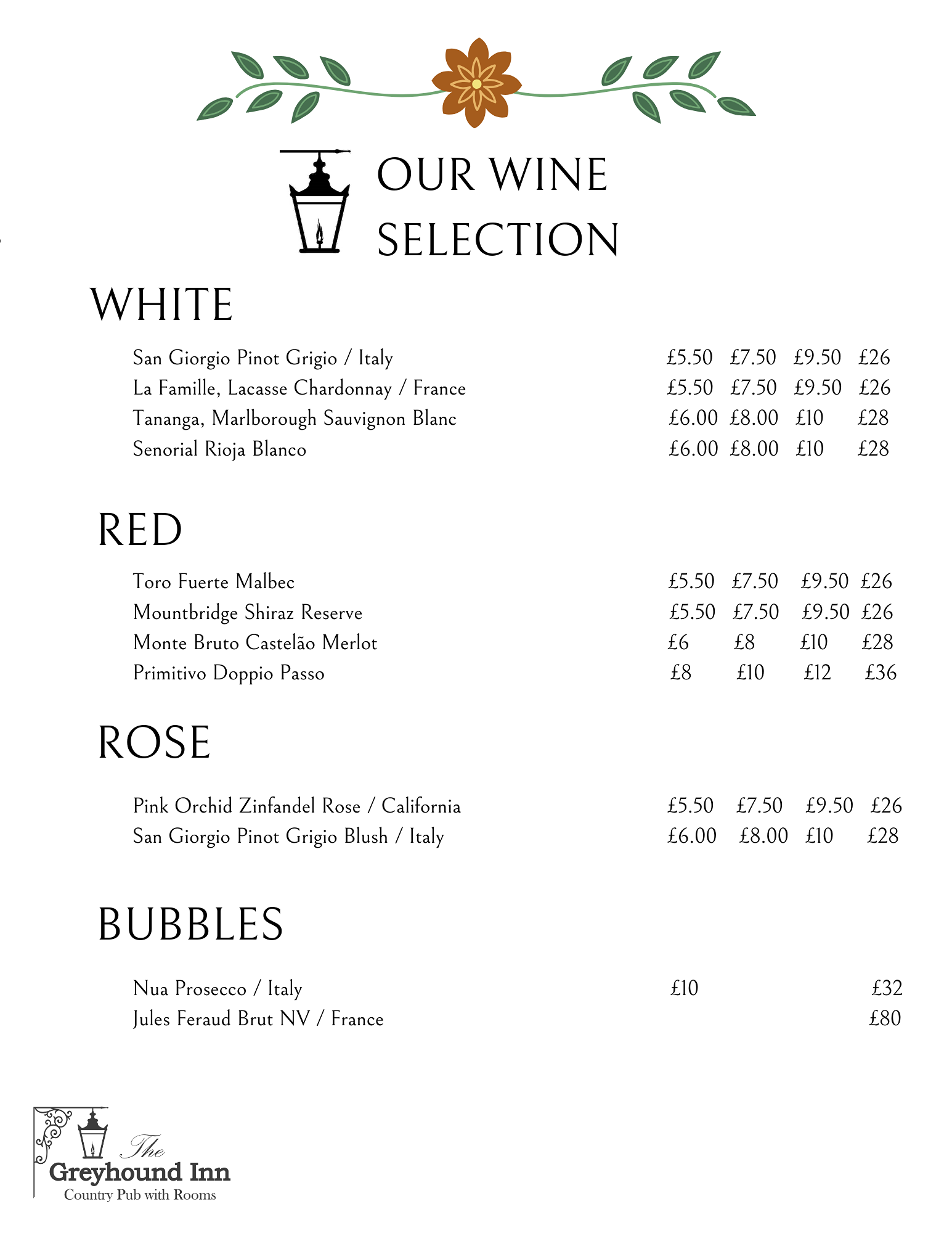 The Greyhound Inn Wine menu