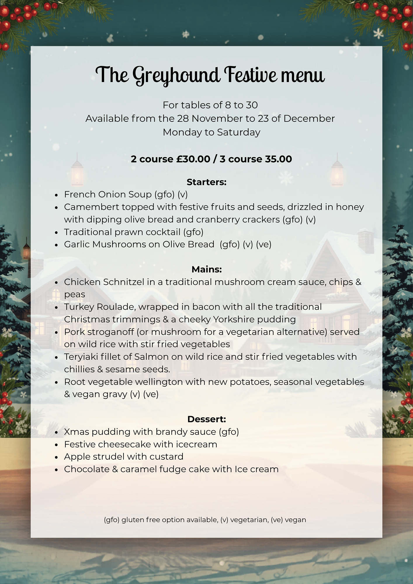 Christmas Festive menu at The Greyhound
