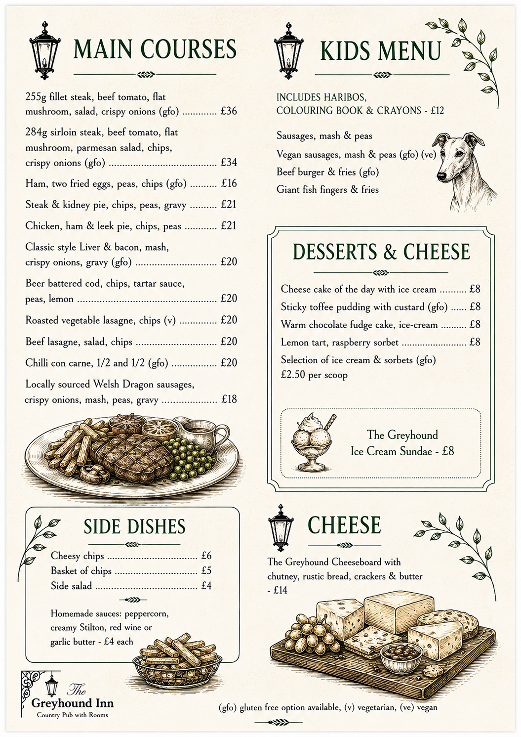The greyhound Inn menu pub food, main courses, children's meals, dog friendly pub