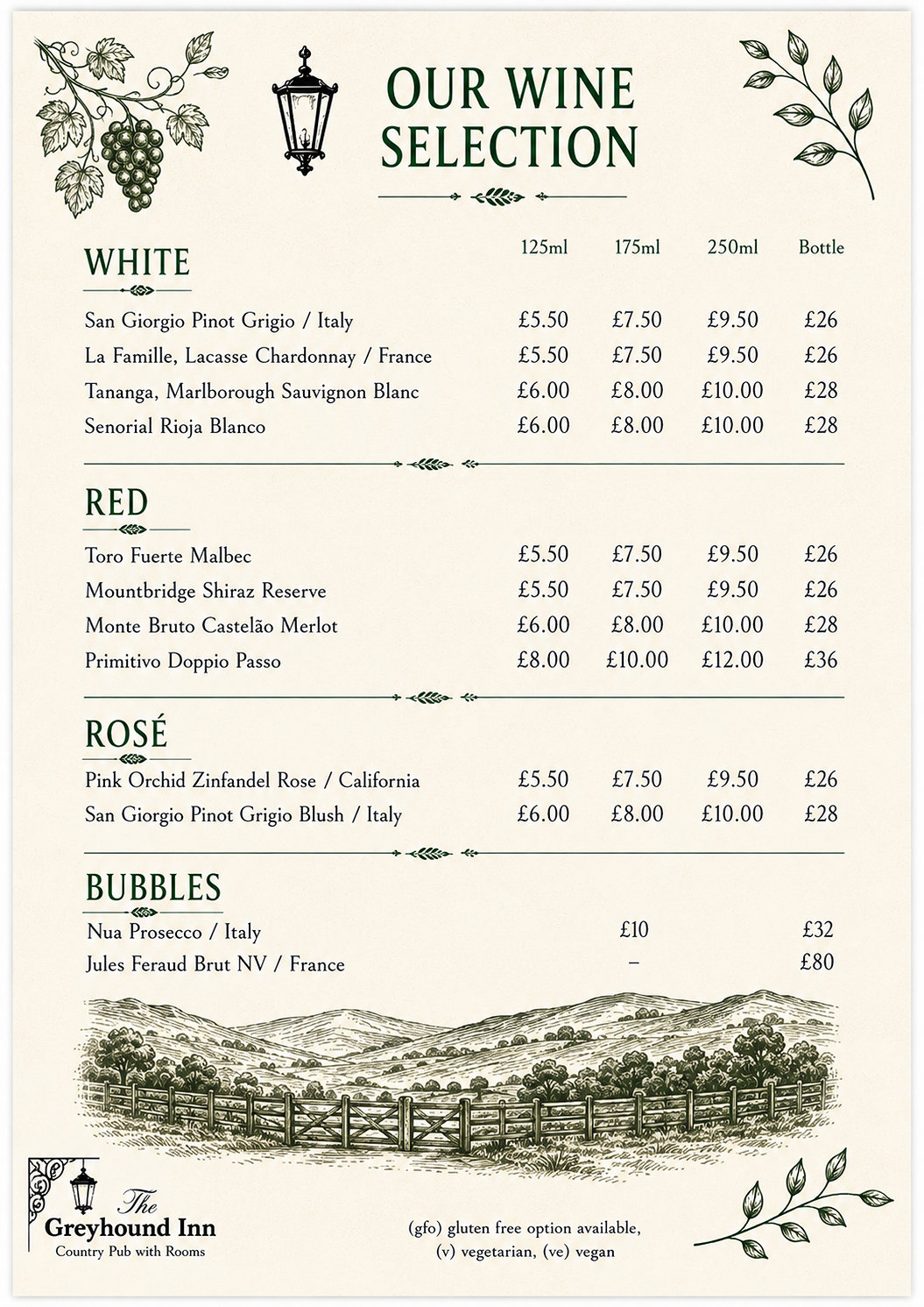 The Greyhound Inn wine menu