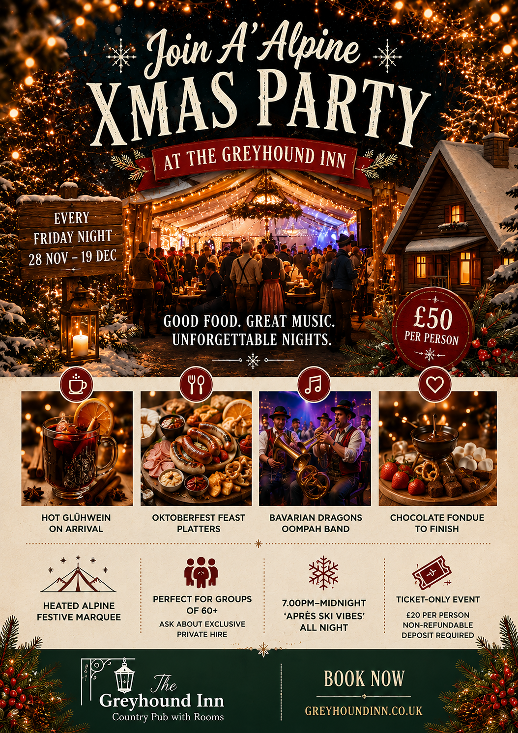 Festive Parties Alpine Lodge at The Greyhound Inn usk