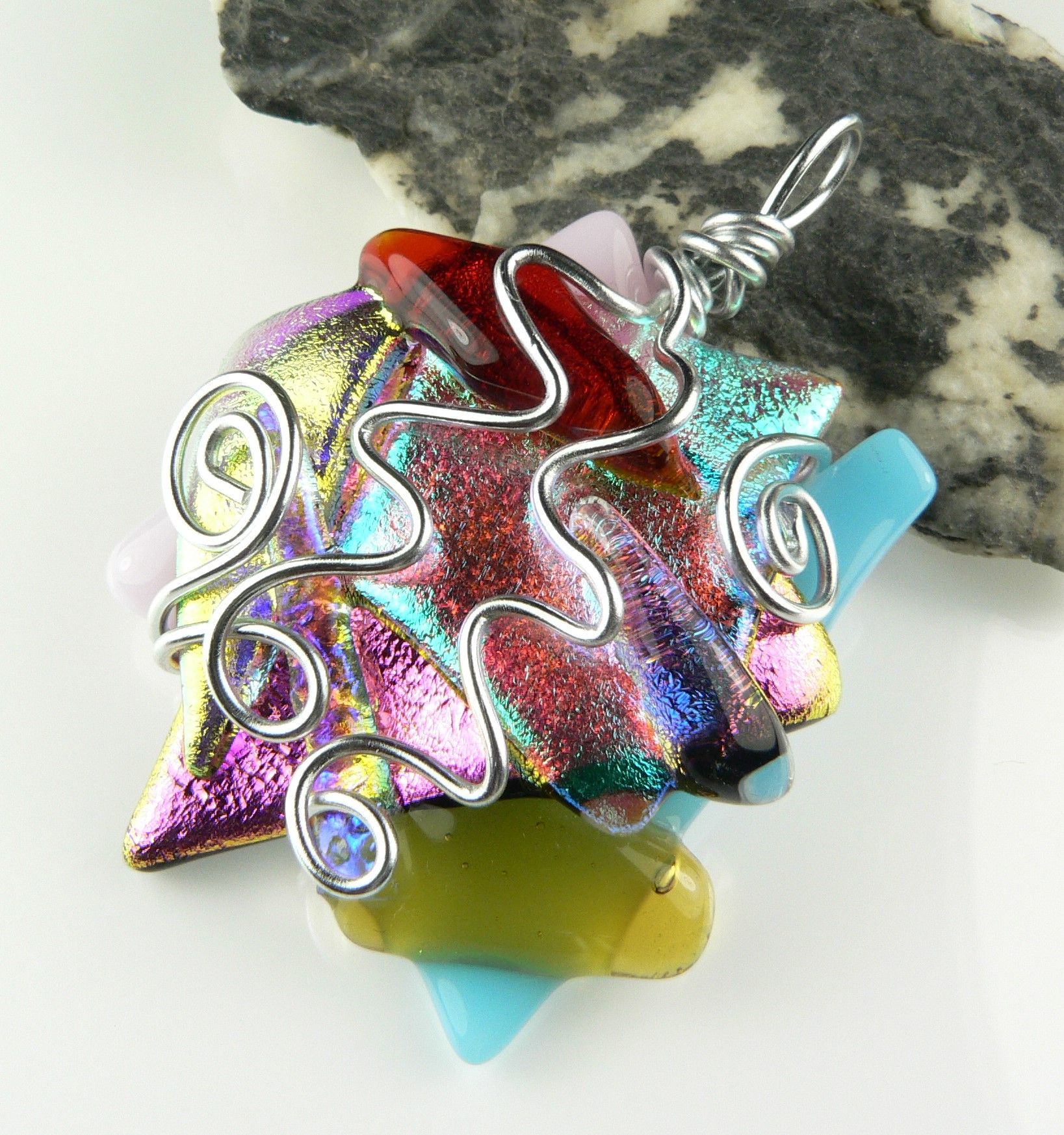 Multi-coloured genuine wrapped dichroic glass pendant