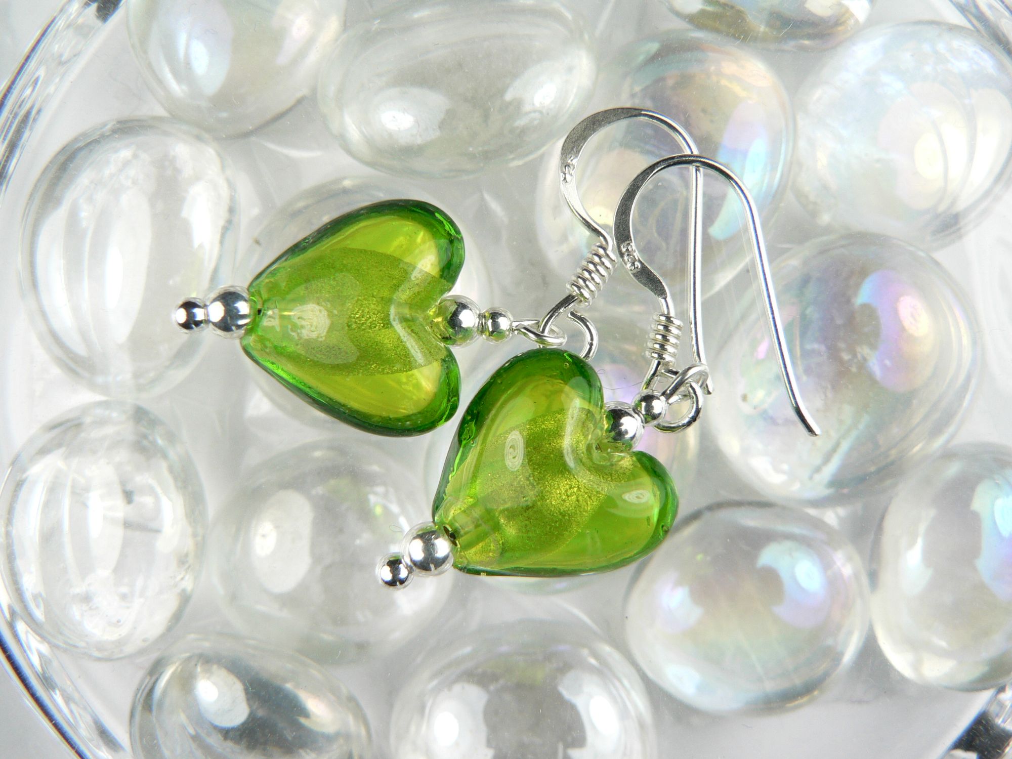 Handmade sterling silver, silver-foil glass heart earrings in Apple Green